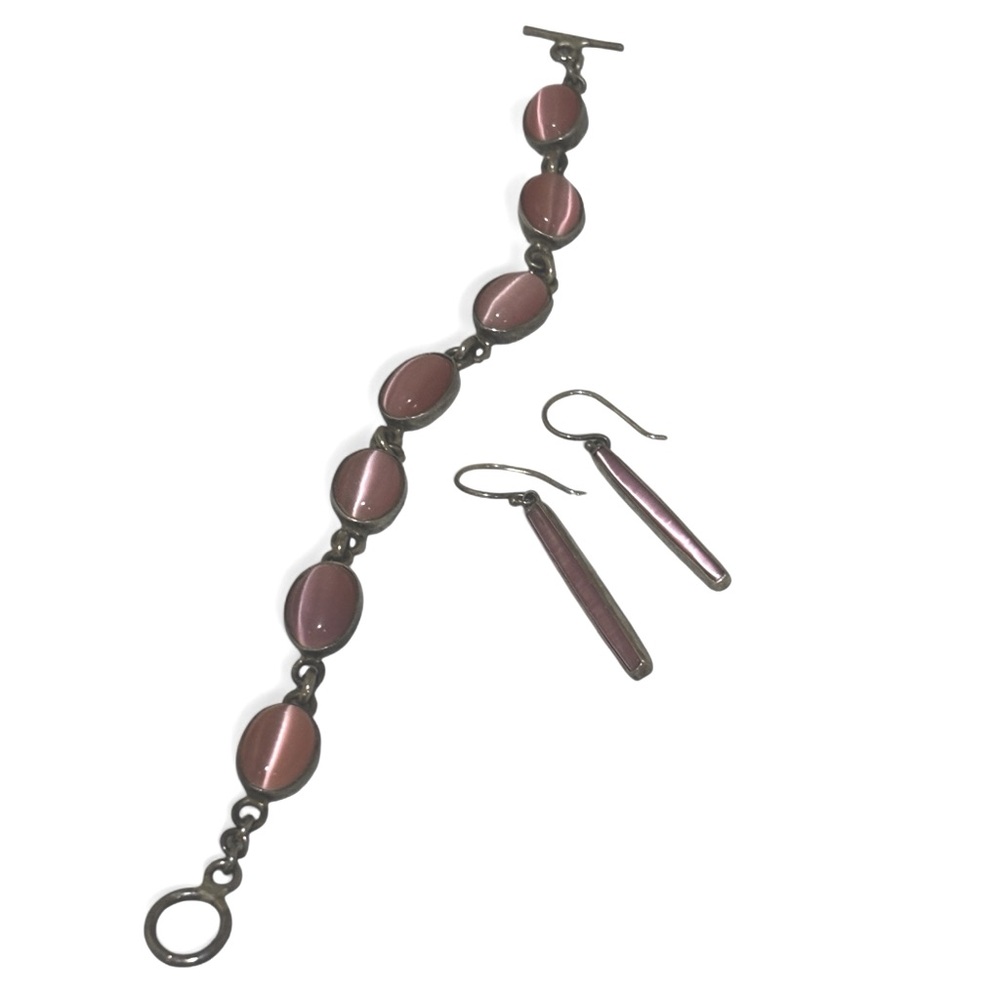 🌸 Vintage Sterling Silver & Pink Cat's Eye Bracelet & Earring Set 🌸